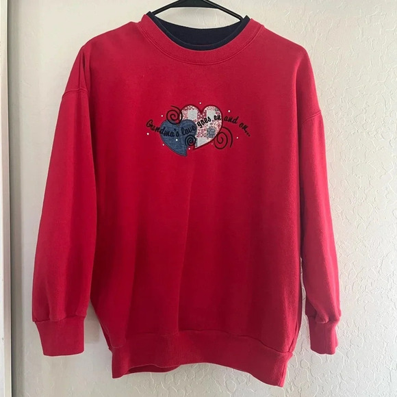 Vintage red crewneck sweatshirt long sleeve blue collar patchwork design grandma - Picture 1 of 4